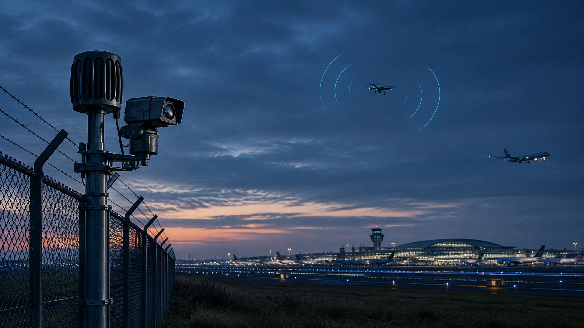 Civil airport perimeter with passive sensing equipment at twilight